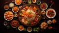 Chinese traditional dishes served on dinner table prepared for celebrating the chinese new year. Flat lay, top view. AI Royalty Free Stock Photo
