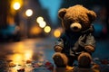 Amidst a rainy night, a lone, sorrowful teddy bear lingers