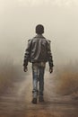 young African american boy walking down a dirt foggy path. rural fantasy landscape.