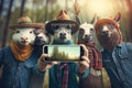Group of hipster friends taking selfie with mobile phone in the forest
