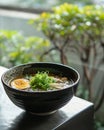 Amidst a serene setting, a bowl of bland organic ramen broth offers a gentle, soothing base for a personalized culinary journey