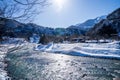 Amidst the serene snow-covered landscape of Shirakawa village in winter