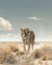 Amidst the simplicity of the flat plains, a solitary tiger stands out, majestic and undisturbed Royalty Free Stock Photo