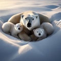 Mother polar bear warms her cubs in snowy north