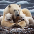 Mother polar bear warms her cubs in snowy north