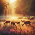 A family of deer grazing peacefully in a sun-dappled meadow