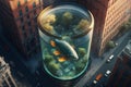 Fish in a glass jar in the city