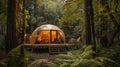 Amidst towering trees and vibrant foliage a geodesic dome promises a night of tranquil slumber cradled by the gentle