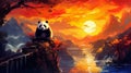 Amidst the tranquil beauty of a mountain river, a panda rests. Generative AI. Royalty Free Stock Photo