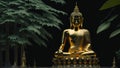 Amidst a tranquil oasis of green leaves, a majestic golden Buddha statue serenely.