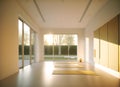 empty yoga studio at sunset, with warm, golden light streaming in through the windows (AIgen)