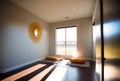 empty yoga studio at sunset, with warm, golden light streaming in through the windows (AIgen) Royalty Free Stock Photo