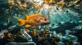 Amidst the trash: marine life at risk. Generated by AI.