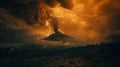 Amidst a tumultuous storm of volcanic lightning an ominous silhouette of a towering volcano stands out against the