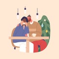 Amidst Twinkling Lights And Cozy Ambiance, A Romantic Couple In A Christmas Cafe Share Warmth,hugging And Sipping Cocoa