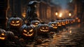 Jack-o\'-Lanterns in a Spooky Forest, Generative AI