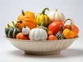 Pumpkin Palette: Vintage Ceramic Bowl with Multi-Colored Pumpkins on a Pure White Canvas Royalty Free Stock Photo