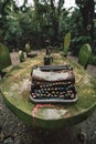 An old typewriter in a table abandoned in a jungle