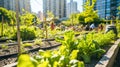 Amidst the urban backdrop, a lush city garden thrives