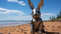 A metal rabbit on a beach