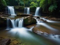 Amazing beauty of Asian nature. Tropical waterfall flows through dense jungle forest and falls into wild pond Royalty Free Stock Photo