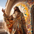 Amidst a vibrant city, a mosaic mural depicts Jesus as a symbol of unity, love, compassion, faith, and a sense of cultural