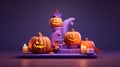 halloween pumpkins candles and bats with violet background Royalty Free Stock Photo