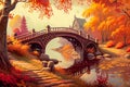 A beautiful and serene riverside with a bridge and autumn foliage created with Generative AI technology