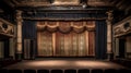 Empty, old, abandoned, 1920s theatre stage with curtains