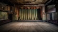 Empty, old, abandoned, 1920s theatre stage with curtains