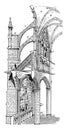 Amiens Cathedral, cross section of Gothic cathedral, vintage engraving