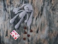 Amigurimi grey hare, handmade, greeting card with hearts