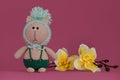 Amigurumi kitten doll on pink background next to yellow orchid flowers. A soft DIY toy made of cotton. One brown cat