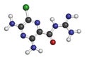 Amiloride diuretic drug molecule. Used in treatment of hypertension and congestive heart failure. Atoms are represented as spheres