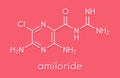 Amiloride diuretic drug molecule. Used in treatment of hypertension and congestive heart failure. Skeletal formula.