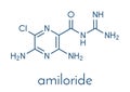 Amiloride diuretic drug molecule. Used in treatment of hypertension and congestive heart failure. Skeletal formula.