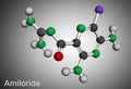 Amiloride molecule. It is pyrizine compound used to treat hypertension, congestive heart failure. Molecular model. 3D rendering