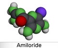 Amiloride molecule. It is pyrizine compound used to treat hypertension, congestive heart failure. Molecular model. 3D rendering