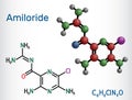 Amiloride molecule. It is pyrizine compound used to treat hypertension, congestive heart failure. Structural chemical formula,