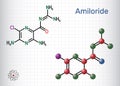 Amiloride molecule. It is pyrizine compound used to treat hypertension, congestive heart failure. Structural chemical formula,