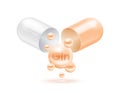 Glutamine acid amino acid float out of the capsule. Vitamins complex and minerals orange isolated on white background