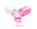 Histidine amino acid float out of the capsule. Vitamins complex and minerals pink isolated on white background