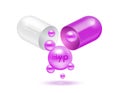 Hydroxyproline amino acid float out of the capsule. Vitamins complex and minerals purple isolated on white background