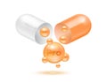 Proline amino acid float out of the capsule. Vitamins complex and minerals orange isolated on white background.