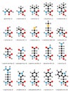 Amino acids, chemical structures: glycine, alanine, valine, leucine, isoleucine, serine, threonine, cysteine, methionine, proline