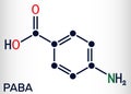 4-Aminobenzoic acid, p-Aminobenzoic acid, PABA molecule. It is essential nutrient for some bacteria and member of vitamin B