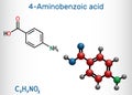 4-Aminobenzoic acid, p-Aminobenzoic acid, PABA molecule. It is essential nutrient for some bacteria and member of vitamin B