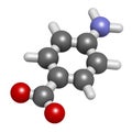 4-aminobenzoic acid PABA, aminobenzoate molecule. 3D rendering. Atoms are represented as spheres with conventional color.