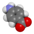 4-aminobenzoic acid PABA, aminobenzoate molecule. 3D rendering. Atoms are represented as spheres with conventional color.