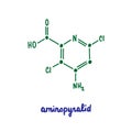 Aminopyralid hand drawn vector formula chemical structure lettering blue green